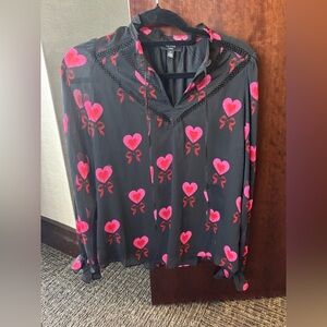 Black Blouse with Pink Heart and Bow Pattern